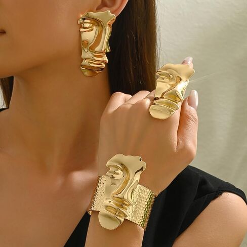 Vintage Human Half Face Jewelry Sets for Women Men Gothic Punk Bracelets Earrings Rings Sets Exaggerated Facial Geometry Rings Bracelets Earrings Set Irregular Geometric Bracelet Earring Ring Holiday Birthday Halloween Party Prom Accessories in Kuwait