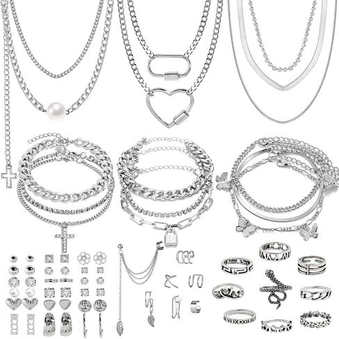 Silvery Jewelry Set for Women,Necklace,Bracelet,Anklet,Earring,ring | Chaton cross, heart pendant, butterfly, lock, vintage snake For Women For Birthday Gifts in Saudi Arabia
