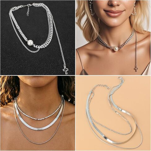 Silvery Jewelry Set for Women,Necklace,Bracelet,Anklet,Earring,ring | Chaton cross, heart pendant, butterfly, lock, vintage snake For Women For Birthday Gifts in Saudi Arabia