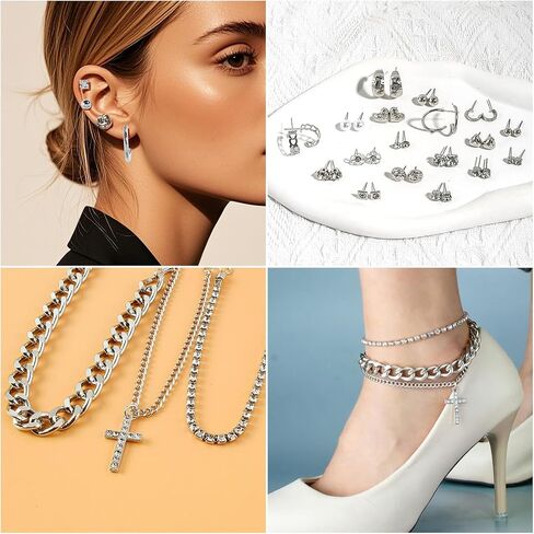 Silvery Jewelry Set for Women,Necklace,Bracelet,Anklet,Earring,ring | Chaton cross, heart pendant, butterfly, lock, vintage snake For Women For Birthday Gifts in Saudi Arabia