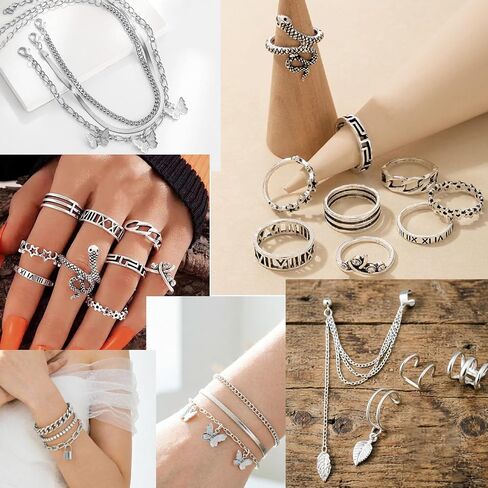 Silvery Jewelry Set for Women,Necklace,Bracelet,Anklet,Earring,ring | Chaton cross, heart pendant, butterfly, lock, vintage snake For Women For Birthday Gifts in Saudi Arabia