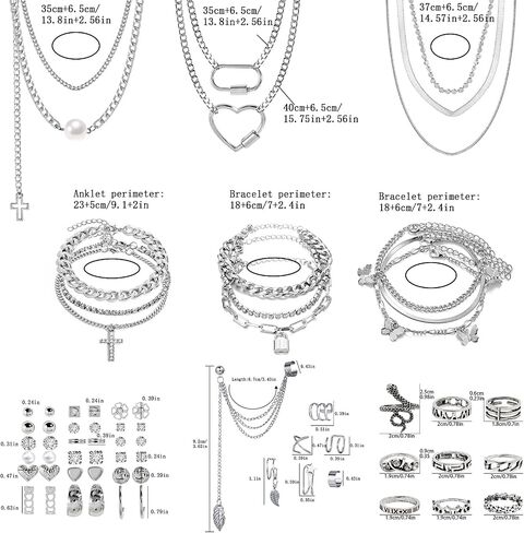 Silvery Jewelry Set for Women,Necklace,Bracelet,Anklet,Earring,ring | Chaton cross, heart pendant, butterfly, lock, vintage snake For Women For Birthday Gifts in Saudi Arabia
