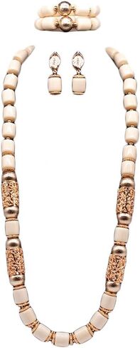 Nigerian Wedding African Beads Jewelry Set Women Simulated Pearl Necklace Earrings and Bracelet (5) in Saudi Arabia