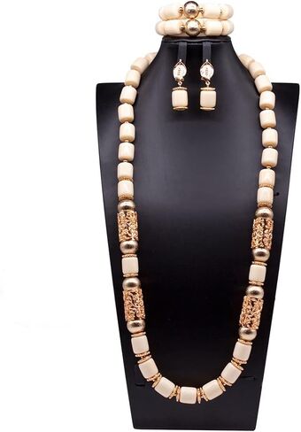 Nigerian Wedding African Beads Jewelry Set Women Simulated Pearl Necklace Earrings and Bracelet (5) in Saudi Arabia