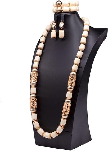 Nigerian Wedding African Beads Jewelry Set Women Simulated Pearl Necklace Earrings and Bracelet (5) in Saudi Arabia
