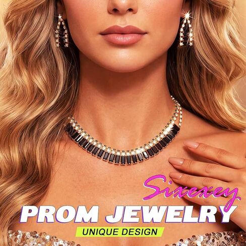 Sixexey Black and Gold Jewelry Set Rhinestone Jewelry Sparkly Prom Jewelry Accessories for Women in Kuwait