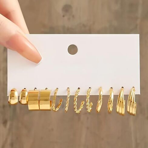 طقم أقراط من الذهب عيار 4 قيراط للنساء مكون من 24 قطعة - حلقات معدنية وتصميمات هندسية مربعة، قطع مجوهرات ذات طراز مختلط للارتداء اليومي والحفلات in Kuwait