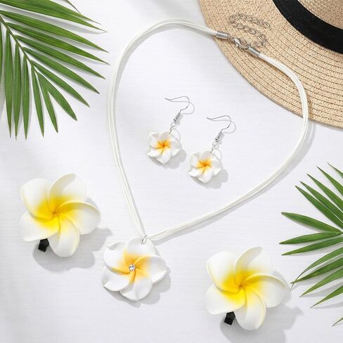 Fengek Hibiscus Jewelry Set for Women, Hawaiian Necklace Earrings & Hair Clips, Tropical Flower Accessories for Women’s Hibiscus Flower Dress Summer Beach Plumeria Vacation Outfits in Kuwait