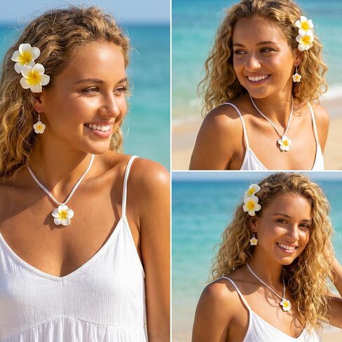 Fengek Hibiscus Jewelry Set for Women, Hawaiian Necklace Earrings & Hair Clips, Tropical Flower Accessories for Women’s Hibiscus Flower Dress Summer Beach Plumeria Vacation Outfits in Kuwait