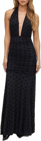 ABYOVRT Women Polka Dot Mesh Maxi Dress Deep V Neck Halter Backless Dress Cocktail Wedding Guest in Saudi Arabia