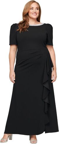 Alex Evenings Women's Long Embellished Neck Elbow Puff Sleeve, Mother of The Bride, Formal Dress (Plus Size) in Kuwait