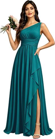 One Shoulder Chiffon Long Bridesmaid Dresses Pleated Ruffles Side Slit Formal Wedding Guest Dress for Women in Saudi Arabia