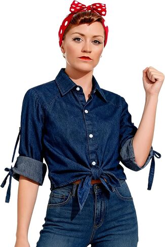 Women's Denim Crop Top with Red Polka Dot Bow Headbands, Halloween Costume, Cosplay Outfit in Saudi Arabia