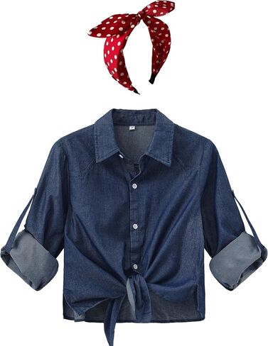 Women's Denim Crop Top with Red Polka Dot Bow Headbands, Halloween Costume, Cosplay Outfit in Kuwait