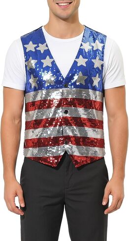 American Flag Sparkly Sequin Button Down Vest for Men Women 4th of July Patriotic Top V Neck Sleeveless Shirt Costume One Size in Saudi Arabia