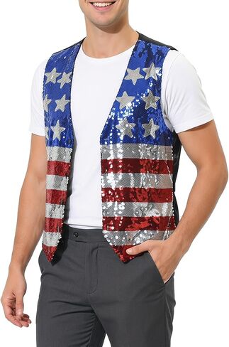 American Flag Sparkly Sequin Button Down Vest for Men Women 4th of July Patriotic Top V Neck Sleeveless Shirt Costume One Size in Saudi Arabia