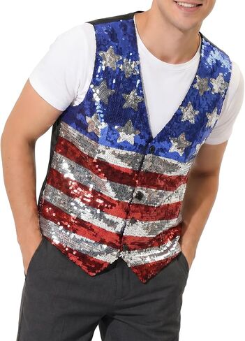 American Flag Sparkly Sequin Button Down Vest for Men Women 4th of July Patriotic Top V Neck Sleeveless Shirt Costume One Size in Saudi Arabia