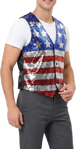 American Flag Sparkly Sequin Button Down Vest for Men Women 4th of July Patriotic Top V Neck Sleeveless Shirt Costume One Size in Saudi Arabia