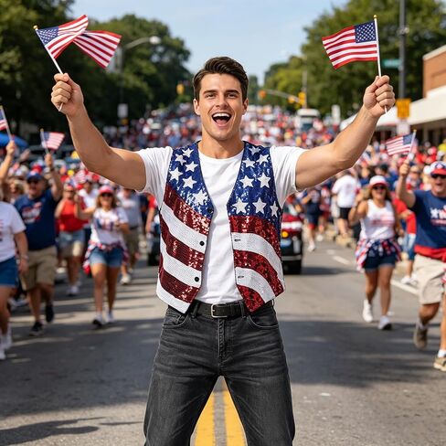 American Flag Sparkly Sequin Button Down Vest for Men Women 4th of July Patriotic Top V Neck Sleeveless Shirt Costume One Size in Saudi Arabia