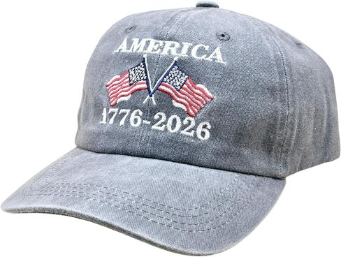 250th Anniversary Embroidered Adults Baseball Cap, Patriotic Crossed USA Flag, Unstructured Hat, Vintage Wash, 1776-2026 in Kuwait