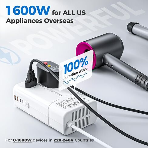 1600W Pure Sine Wave Voltage Converter US to Europe for Hair Dryer Straightener Curling Iron-220V to 110V Converter for European Travel, 6 in1 Power Converter Adapter Combo with UK/AU/EU Plug Adapters in Saudi Arabia