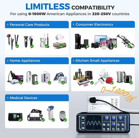 1600W Pure Sine Wave Voltage Converter US to Europe for Hair Dryer Straightener Curling Iron-220V to 110V Converter for European Travel, 6 in1 Power Converter Adapter Combo with UK/AU/EU Plug Adapters in Saudi Arabia