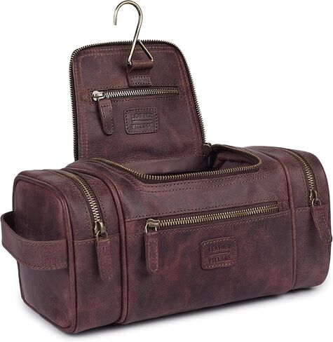 LEATHER VILLAGE Genuine Leather Travel Dopp Kit for Men & Women – Water-Resistant Large-Capacity Hanging Toiletry Bag for Travel, Grooming, Bathroom Organization, Shaving Essentials & Gym Use - Brown in Kuwait