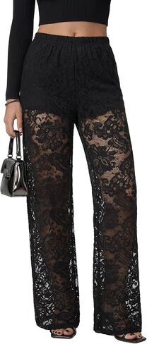 Vrtige Women's Floral Lace Sheer See Through Sexy Long Pants Trousers with Shorts in Kuwait