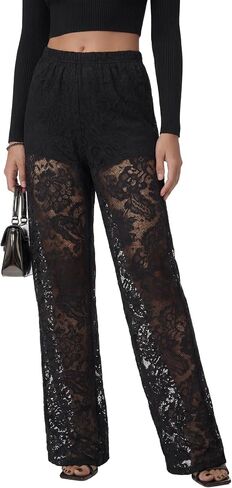 Vrtige Women's Floral Lace Sheer See Through Sexy Long Pants Trousers with Shorts in Kuwait