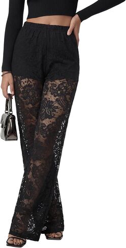 Vrtige Women's Floral Lace Sheer See Through Sexy Long Pants Trousers with Shorts in Kuwait