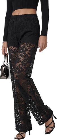 Vrtige Women's Floral Lace Sheer See Through Sexy Long Pants Trousers with Shorts in Kuwait