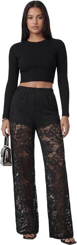 Vrtige Women's Floral Lace Sheer See Through Sexy Long Pants Trousers with Shorts in Kuwait