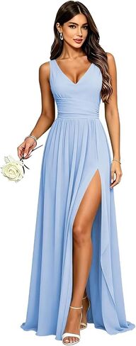 Chiffon V-Neck Bridesmaid Dresses for Women with Slit Sleeveless Maxi Formal Dress for Wedding Guest in Kuwait