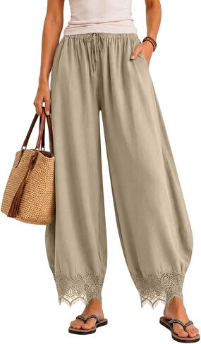 Womens Lace Trim Wide Leg Pants Elastic Waist Lightweight Flowy Summer Trousers Comfort Travel Pants with Pockets in Saudi Arabia