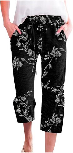 ONLYSTORY Capris Pants for Women Elastic High Waisted Summer Casual Straight Pant Adjustable Drawstring with Pockets in Kuwait