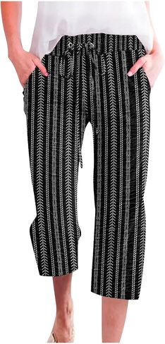ONLYSTORY Capris Pants for Women Elastic High Waisted Summer Casual Straight Pant Adjustable Drawstring with Pockets in Kuwait
