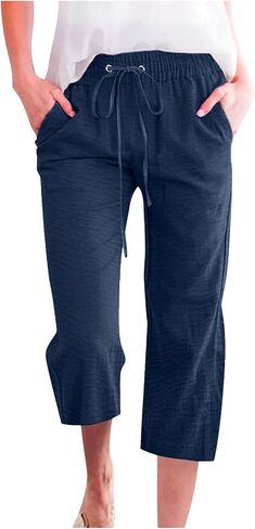 ONLYSTORY Capris Pants for Women Elastic High Waisted Summer Casual Straight Pant Adjustable Drawstring with Pockets in Kuwait