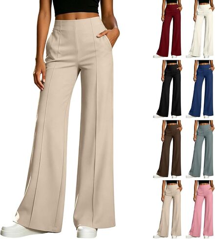 Dressy Stretchy Dress Pants Women Business Casual Pants | Stretchy Smooth Fabric, Vertical Seam Detail, Office Dress Pants For Women,, Straight Wide Leg, Multiple Color Options in Kuwait