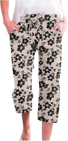 ONLYSTORY Capris Pants for Women Elastic High Waisted Summer Casual Straight Pant Adjustable Drawstring with Pockets in Kuwait
