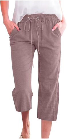 ONLYSTORY Capris Pants for Women Elastic High Waisted Summer Casual Straight Pant Adjustable Drawstring with Pockets in Kuwait