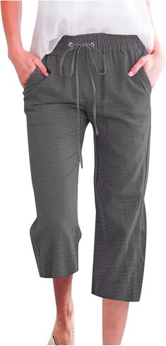ONLYSTORY Capris Pants for Women Elastic High Waisted Summer Casual Straight Pant Adjustable Drawstring with Pockets in Kuwait