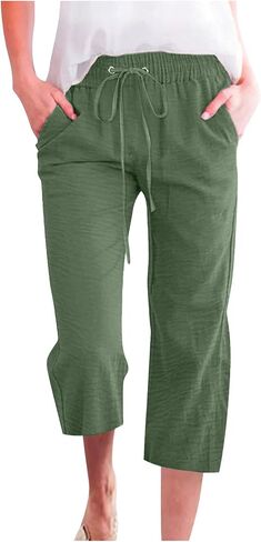 ONLYSTORY Capris Pants for Women Elastic High Waisted Summer Casual Straight Pant Adjustable Drawstring with Pockets in Kuwait