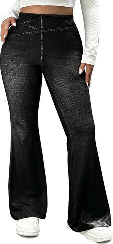 Women's Casual Pants Denim-Print High Waisted Trousers, Stretchy Elastic Waistband Flared Trousers in Kuwait