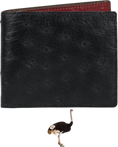 Black-Red Ostrich Skin Leather Bifold Wallet For Men Slim Passcase Double Side RFID Blocking Front Pocket Security and Durable Ostrich Exotic Leather Luxury Wallet Large Capacity Card Holder Handmade in Kuwait