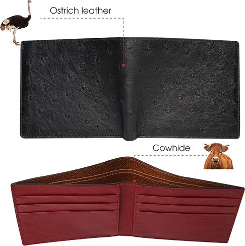 Black-Red Ostrich Skin Leather Bifold Wallet For Men Slim Passcase Double Side RFID Blocking Front Pocket Security and Durable Ostrich Exotic Leather Luxury Wallet Large Capacity Card Holder Handmade in Kuwait