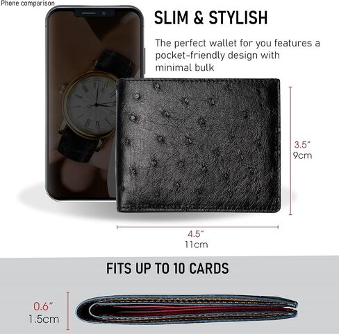 Black-Red Ostrich Skin Leather Bifold Wallet For Men Slim Passcase Double Side RFID Blocking Front Pocket Security and Durable Ostrich Exotic Leather Luxury Wallet Large Capacity Card Holder Handmade in Kuwait