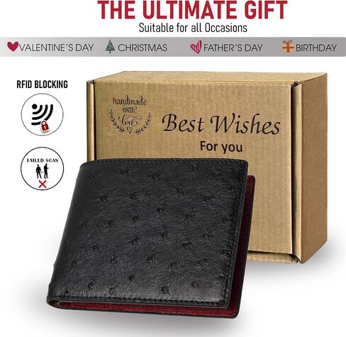 Black-Red Ostrich Skin Leather Bifold Wallet For Men Slim Passcase Double Side RFID Blocking Front Pocket Security and Durable Ostrich Exotic Leather Luxury Wallet Large Capacity Card Holder Handmade in Kuwait