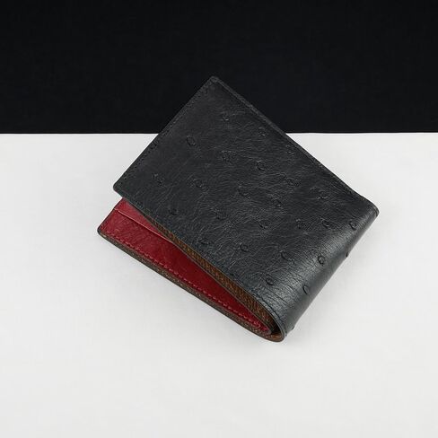 Black-Red Ostrich Skin Leather Bifold Wallet For Men Slim Passcase Double Side RFID Blocking Front Pocket Security and Durable Ostrich Exotic Leather Luxury Wallet Large Capacity Card Holder Handmade in Kuwait