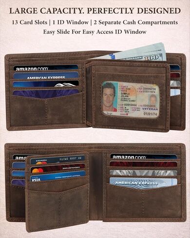 Mens Wallet Genuine Leather Bifold RFID Blocking Wallet for Men with Ultra Strong Stitching 1 ID Window 13 Card Holders 2 cash pockets 1 Gift Box in Kuwait