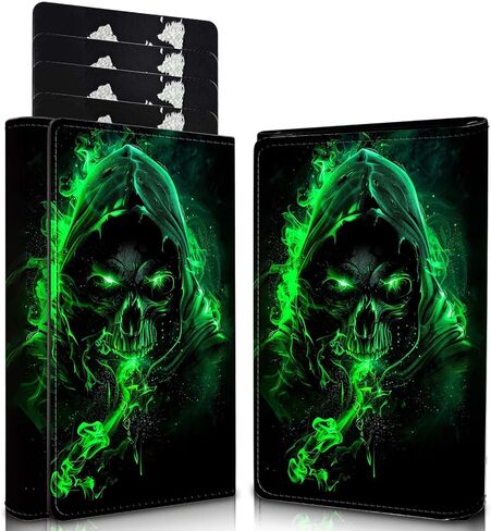 Men's Slim Wallet,Pop Up Credit Card Holder Wallet,Leather RFID Blocking Metal Card Case for Coins,Debit Cards-Green Skull in Saudi Arabia